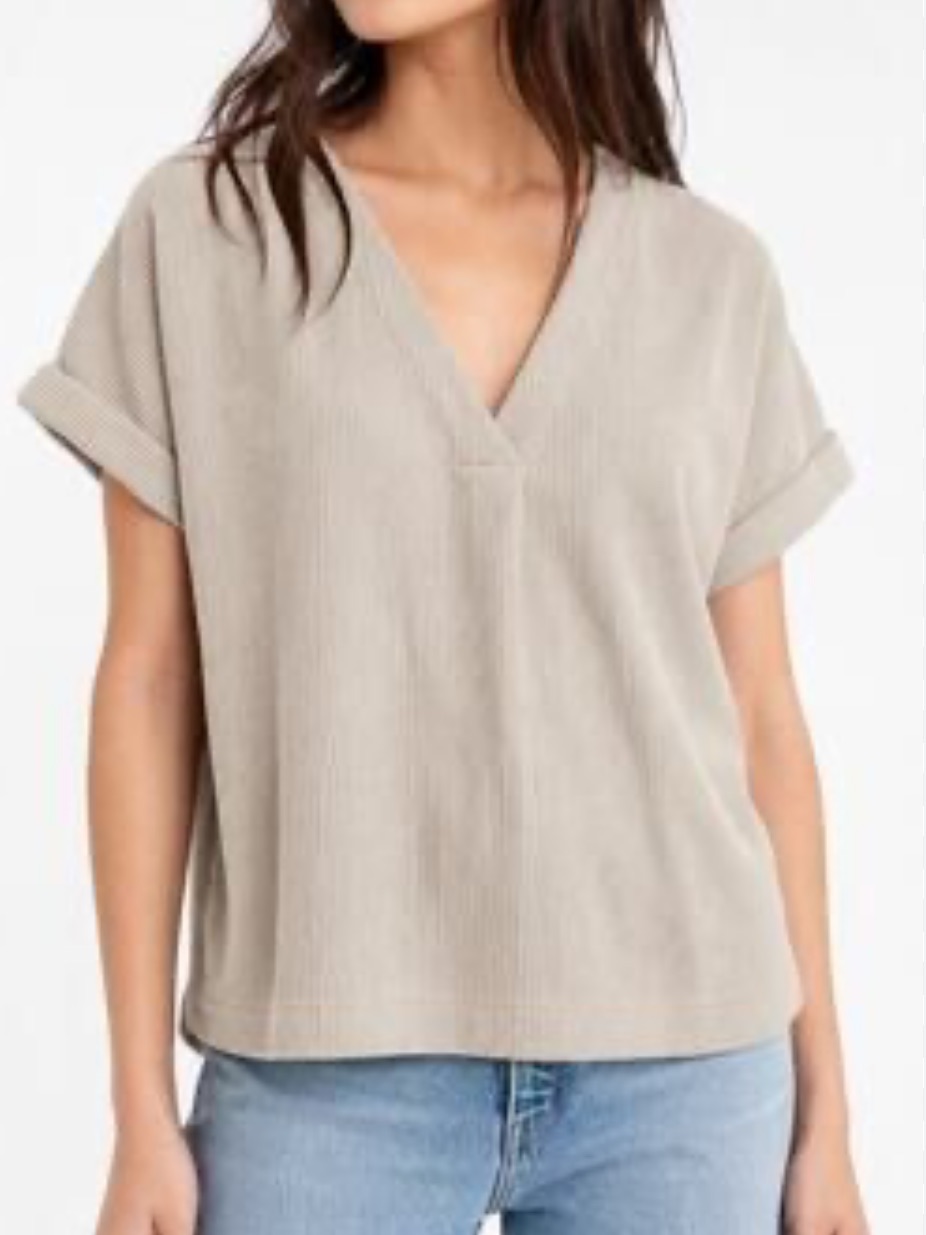 Madewell Beige Ribbed V-Neck Button Back Top